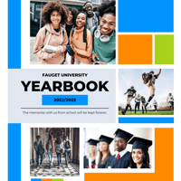 Yearbook template with college students posing, playing sports, and wearing graduation garments