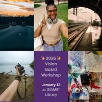 Graphic design of a photo collage with pictures of a hand holding a camera, art supplies, a young person taking a selfie, train tracks, and a road with cars driving toward a sunset.