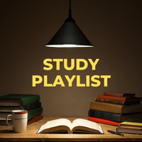 Graphic design of desk with books and a pen, mug, and lamp that reads Study Playlist