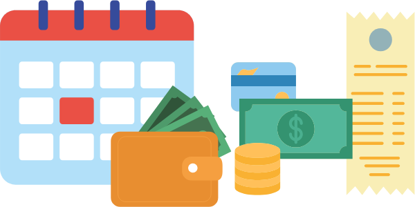 Illustration of a calendar with a due date in red, a wallet, stacks of money, and a bill. Illustration of a calendar with a due date in red, a wallet, stacks of money, and a bill.