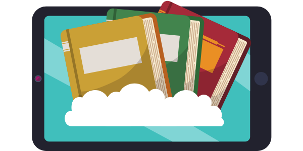 illustration of a tablet with three book covers coming out of the image of a cloud illustration of a tablet with three book covers coming out of the image of a cloud