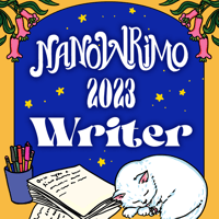 NaNoWriMo 2023 Writer graphic design with cat sleeping next to a pile of papers and a cup of pens and pencils.