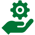 Green icon with cog hovering over open palm