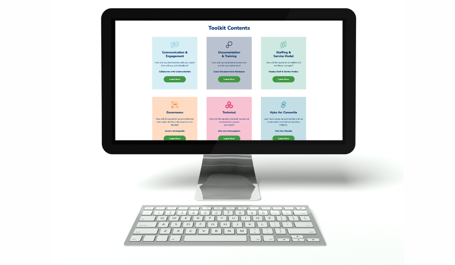 graphic design of a desktop computer screen with the Hyku for Consortia toolkit homepage showing