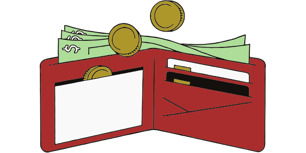 Illustration of an open wallet with cash and coins coming out of it Illustration of an open wallet with cash and coins coming out of it