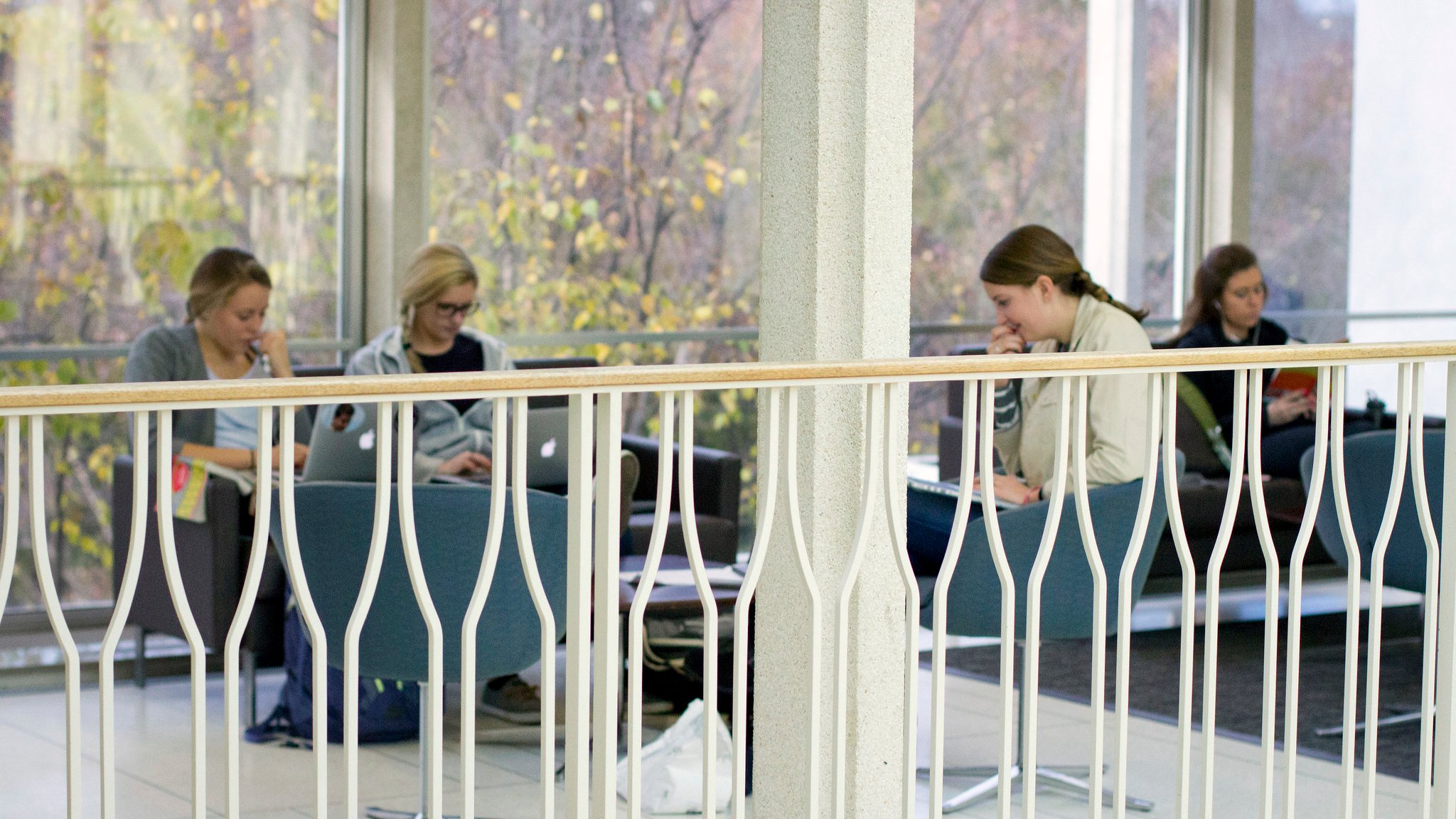 White gate and railing in front of group of students studying inside Irwin Library.