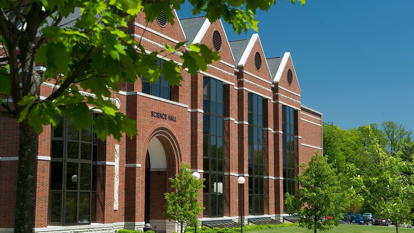 Huntington University front of Science Hall brick building with trees