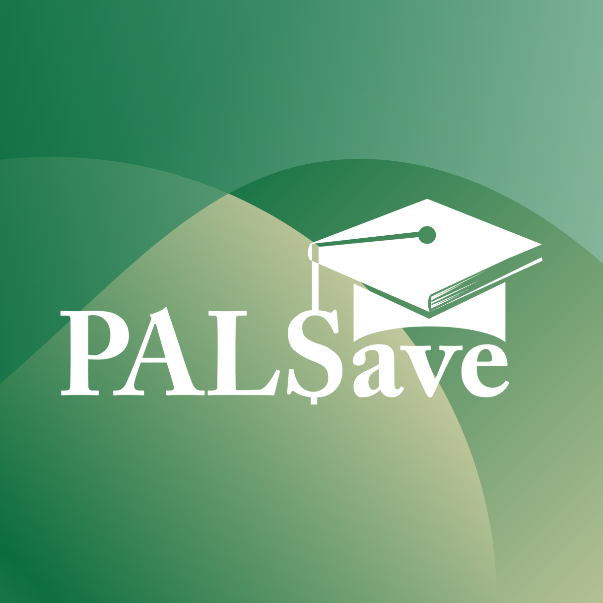 White PALSave logo over a green abstract background
